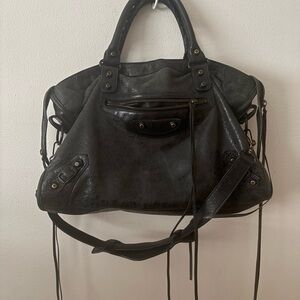 Balenciaga Black Leather Shoulder Bag with Top Handles